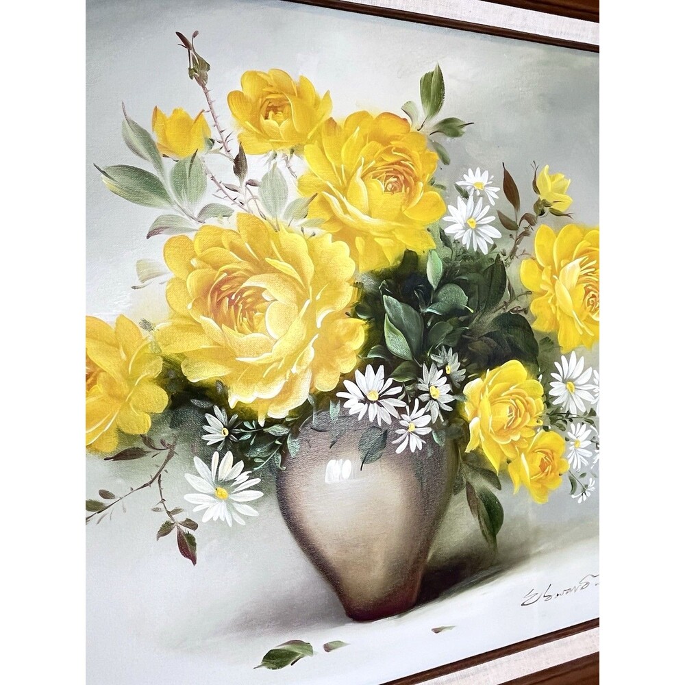 Vintage Oil Painting Still Life Yellow Roses Floral Signed Framed 28”x24” Beauty